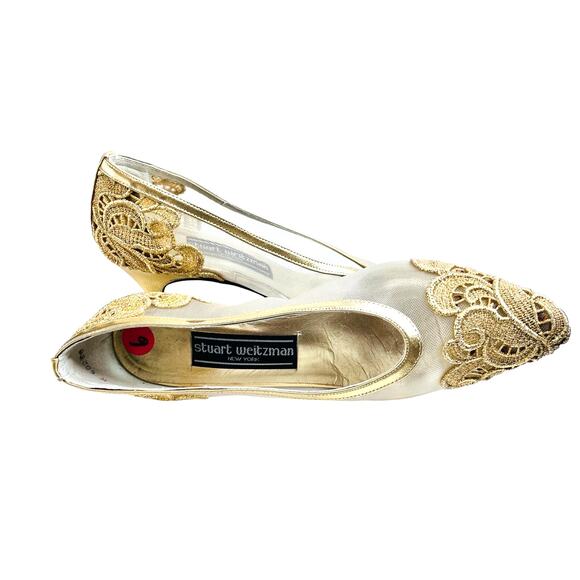 Vintage Stuart Weitzman Gold Mesh Embroidered Heels Pump - Picture 6 of 13